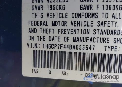 2011 Honda Accord Lxp z USA, uszkodzony, nr VIN 1HGCP2F44BA055547
